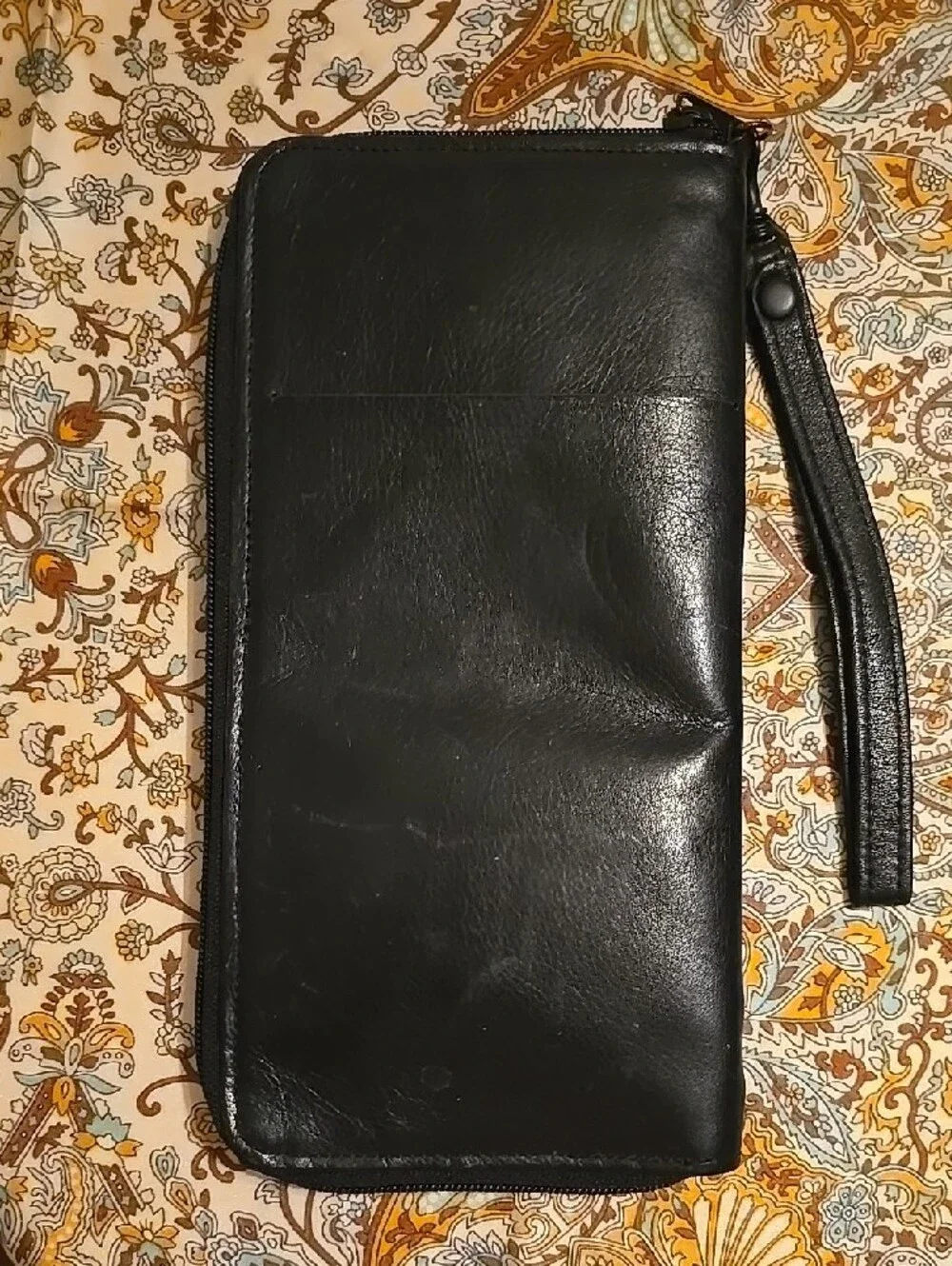 Vtg Bugatti Passport Travel Black Leather Zip-Around Wristlet Wallet with Strap
